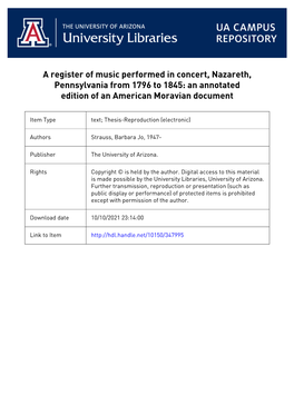 A Register of Music Performed in Concert, Nazareth, Pennsylvania from 1796 to 1845: an Annotated Edition of an American Moravian Document