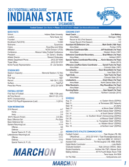 INDIANA STATE Sycamores Football Contact: Tyler Wooten • Phone: (812) 237-4161 • Email: Tyler.Wooten@Indstate.Edu QUICK FACTS Coaching Staff School