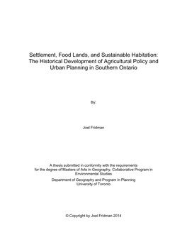 The Historical Development of Agricultural Policy and Urban Planning in Southern Ontario