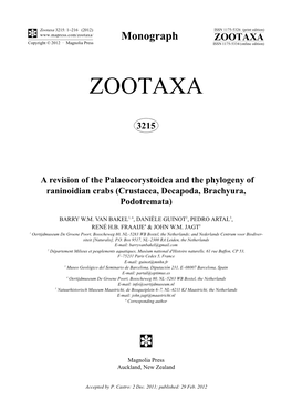A Revision of the Palaeocorystoidea and the Phylogeny of Raninoidian Crabs (Crustacea, Decapoda, Brachyura, Podotremata)