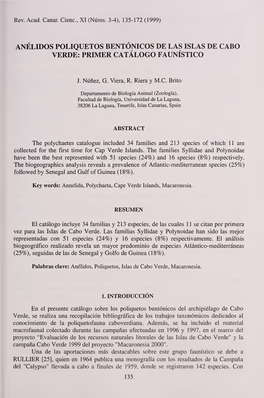 Anélidos Poliquetos Bentónicos De Las Islas De Cabo Verde: Primer