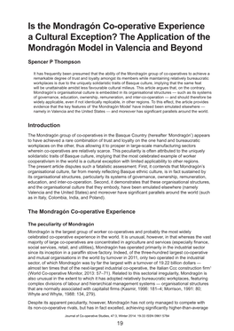 Is the Mondragón Co-Operative Experience a Cultural Exception? the Application of the Mondragón Model in Valencia and Beyond