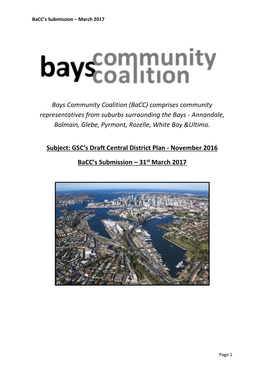 Bays Community Coalition (Bacc) Comprises Community Representatives from Suburbs Surrounding the Bays - Annandale, Balmain, Glebe, Pyrmont, Rozelle, White Bay &Ultimo