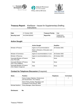 Kiwisaver – Issues for Supplementary Drafting Instructions