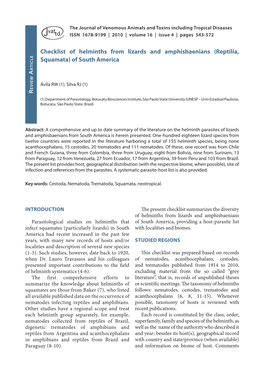 Checklist of Helminths from Lizards and Amphisbaenians (Reptilia, Squamata) of South America Ticle R A