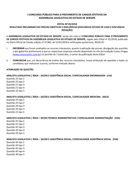 I Concurso Público Para O Provimento De Cargos Efetivos Da Assembleia Legislativa Do Estado De Sergipe