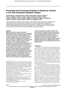 Prevalence and Functional Analysis of Sequence Variants in the ATR Checkpoint Mediator Claspin