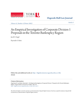 An Empirical Investigation of Corporate Division 1 Proposals in the Toronto Bankruptcy Region Jacob S