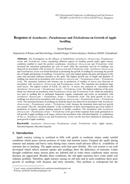 Response of Azotobacter , Pseudomonas and Trichoderma on Growth of Apple Seedling