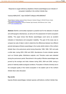 Response to Oxygen Deficiency (Depletion): Bivalve Assemblages As an Indicator of Ecosystem Instability in the Northern Adriatic Sea