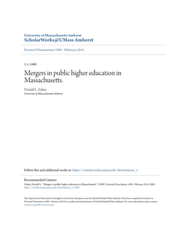 Mergers in Public Higher Education in Massachusetts. Donald L
