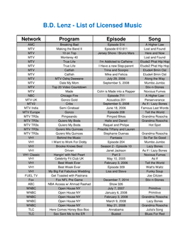 B.D. Lenz - List of Licensed Music