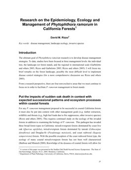 Research on the Epidemiology, Ecology and Management of Phytophthora Ramorum in California Forests1