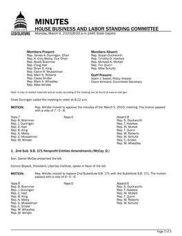 MINUTES HOUSE BUSINESS and LABOR STANDING COMMITTEE Monday, March 9, 2020|8:00 A.M.|445 State Capitol