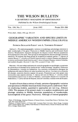 Geographic Variation and Species Limits in Middle American Woodnymphs (Thalurania)