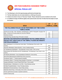 Sri​ ​Panchamukha​ ​Hanuman​ ​Temple Special​ ​Pooja​ ​List