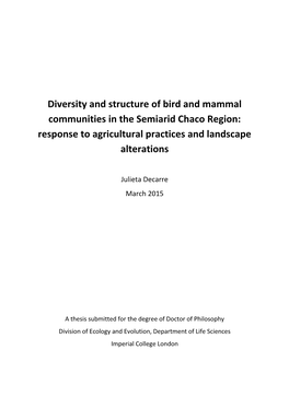 Diversity and Structure of Bird and Mammal Communities in the Semiarid Chaco Region: Response to Agricultural Practices and Landscape Alterations