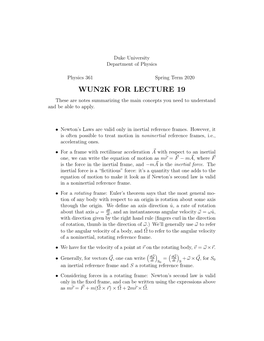 WUN2K for LECTURE 19 These Are Notes Summarizing the Main Concepts You Need to Understand and Be Able to Apply