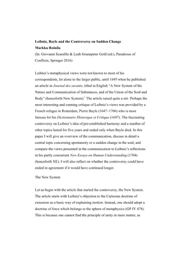 Leibniz, Bayle and the Controversy on Sudden Change Markku Roinila (In: Giovanni Scarafile & Leah Gruenpeter Gold (Ed.), Paradoxes of Conflicts, Springer 2016)