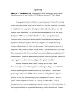 ABSTRACT ROBINSON, JASON LESLEY. Discontinuities in Fish Assemblages and Efficacy of Thermal Restoration in Toxaway River, NC