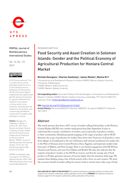 Food Security and Asset Creation in Solomon Islands: Gender and the Political Economy of Agricultural Production for Honiara Central Market