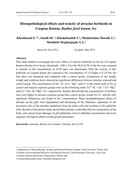 Histopathological Effects and Toxicity of Atrazine Herbicide in Caspian Kutum, Rutilus Frisii Kutum, Fry