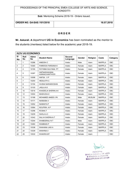 O R D E R Mr. Askarali. a Department UG in Economics Has Been Nominated As the Mentor to the Students (Mentees) Listed Below