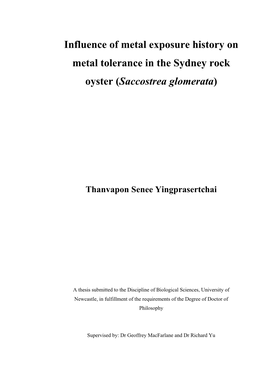 Influence of Metal Exposure History on Metal Tolerance in the Sydney Rock Oyster (Saccostrea Glomerata)