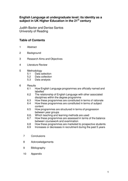 English Language at Undergraduate Level: Its Identity As a Subject in UK Higher Education in the 21 Century Judith Baxter and De