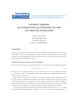 Student Version an Interactive Illustration of the Van Der Pol Oscillator