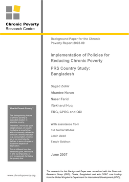 Implementation of Policies for Reducing Chronic Poverty PRS Country Study: Bangladesh