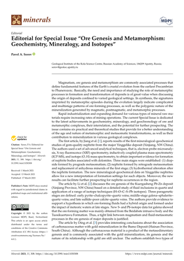 Editorial for Special Issue “Ore Genesis and Metamorphism: Geochemistry, Mineralogy, and Isotopes”