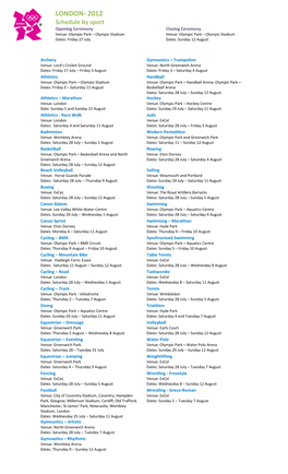 London 2012- Schedule by Sport