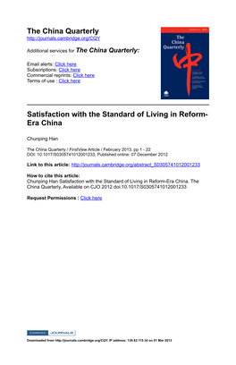 The China Quarterly Satisfaction with the Standard of Living in Reform