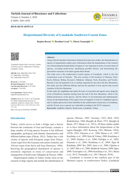 Herpetofaunal Diversity of Çanakkale Southwest Coastal Zones