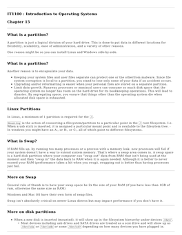 IT1100 : Introduction to Operating Systems Chapter 15 What Is a Partition? What Is a Partition? Linux Partitions What Is Swap? M