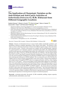 The Implication of Chemotypic Variation on the Anti-Oxidant and Anti-Cancer Activities of Sutherlandia Frutescens (L.) R.Br