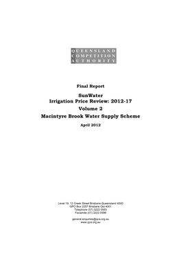 Sunwater Irrigation Price Review: 2012-17 Volume 2 Macintyre Brook Water Supply Scheme