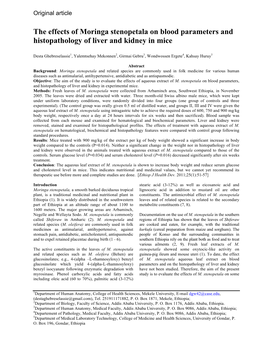 The Effects of Moringa Stenopetala on Blood Parameters and Histopathology of Liver and Kidney in Mice