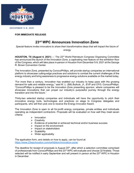 23Rd WPC Announces Innovation Zone Special Feature Invites Innovators to Share Their Transformative Ideas That Will Impact the Future of Energy