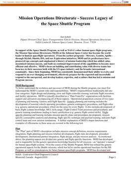 Mission Operations Directorate - Success Legacy of the Space Shuttle Program