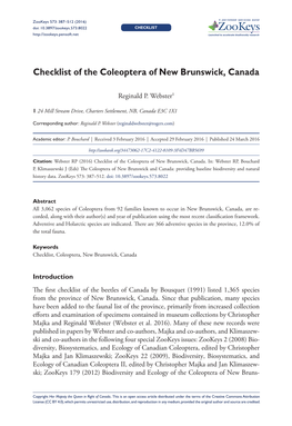 ﻿Checklist of the Coleoptera of New Brunswick, Canada