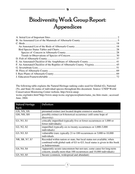 Biodiversity Work Group Report: Appendices