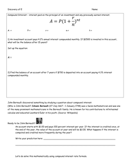 Discovery of E Name: Compound Interest – Interest Paid on The