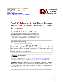 Work-Life Balance a Strategic Human Resource Policies and Practices Followed by Indian Organizations