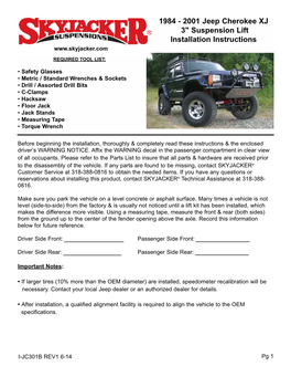1984 - 2001 Jeep Cherokee XJ 3" Suspension Lift Installation Instructions