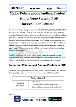 Major Points About Andhra Pradesh - Know Your State in PDF for SSC, Bank Exams