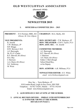 Old Westcliffian Association Newsletter 2015