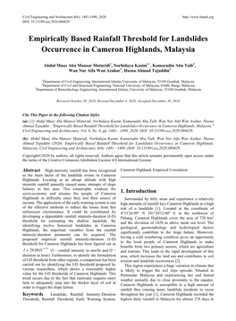 Empirically Based Rainfall Threshold for Landslides Occurrence in Cameron Highlands, Malaysia
