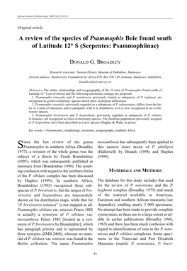 A Review of the Species of Psammophis Boie Found South of Latitude 12° S (Serpentes: Psammophiinae)